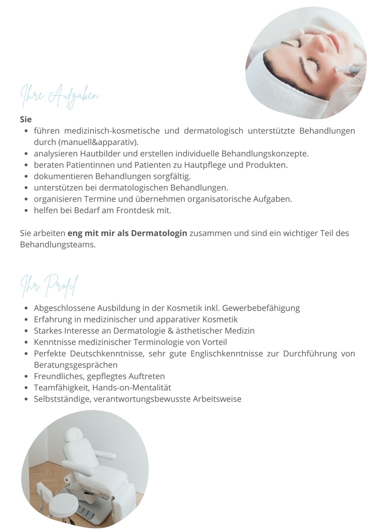 Stellenanzeige medizinische Kosmetikerin (m/w/d) – Job in dermatologischer Ordination Dermatology for You in Wien, Teilzeit ca. 20 Stunden.
